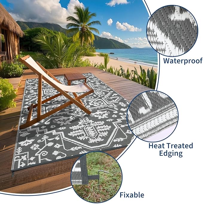 Outdoor Rug 8x10 Waterproof Reversible Plastic Straw Mat, UV-Resistant Vintage Medallion Camping Carpet for Patio, Deck, Balcony, Picnic, Large Outside Floor Mat, Grey White
