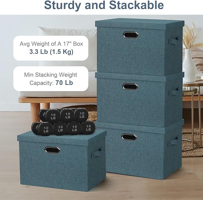 Large 17" 36 Quart Collapsible Stackable Storage Bins with Lids, 3 Packs Blue-Green Linen Fabric Closet Boxes with Lids, Storage Cube Baskets Container Organizers for Bedroom (17x12x11)