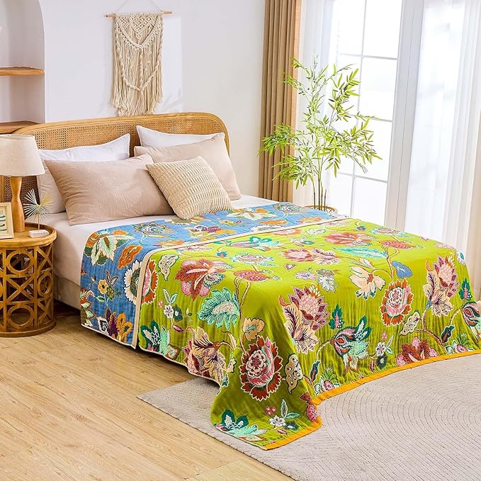 Fall Throw Blanket, 100% Cotton Soft Rustic Boho Throw Blanket for Bed, 60"x80" Farmhouse Decor Bed Flower Blankets, Light Weight Reversible Bohemian Throw Quilt