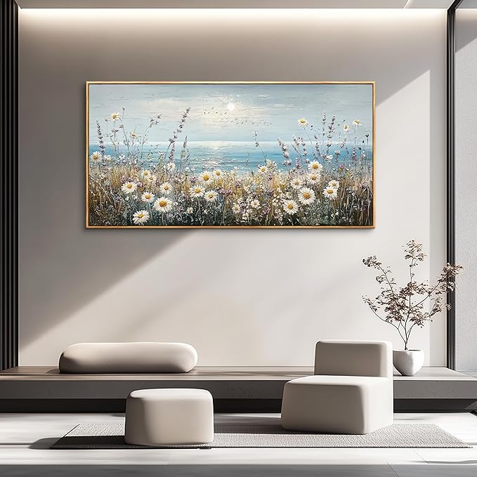 PHAOHUAXM Large Canvas Printing Artworks Mural Wall Decor For Living Room Wall Art For Bedroom Office Decor Blue Ocean Paintings Flowers Watercolour Wall Pictures Home Decor Wood Framed 30x60 In