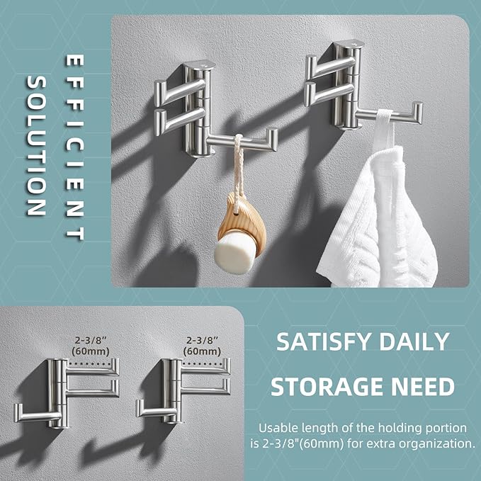 Angle Simple Swivel Towel Hooks, SUS 304 Stainless Steel Foldable Robe Hand Towel Holder for Bathroom Kitchen Wall, Brushed Nickel, 2 Pack