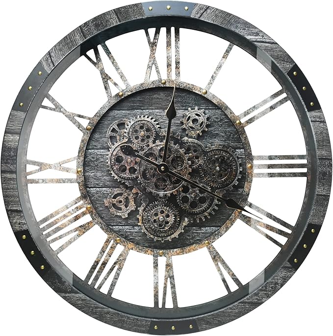 DORBOKER 36" Extra Large Wall Clock with Moving Gears, Oversized Giant Industrial Steampunk Rustic Clocks for Wall Decor Living Room Home Office, Solid Wood Retro Metal,Carbon Grey