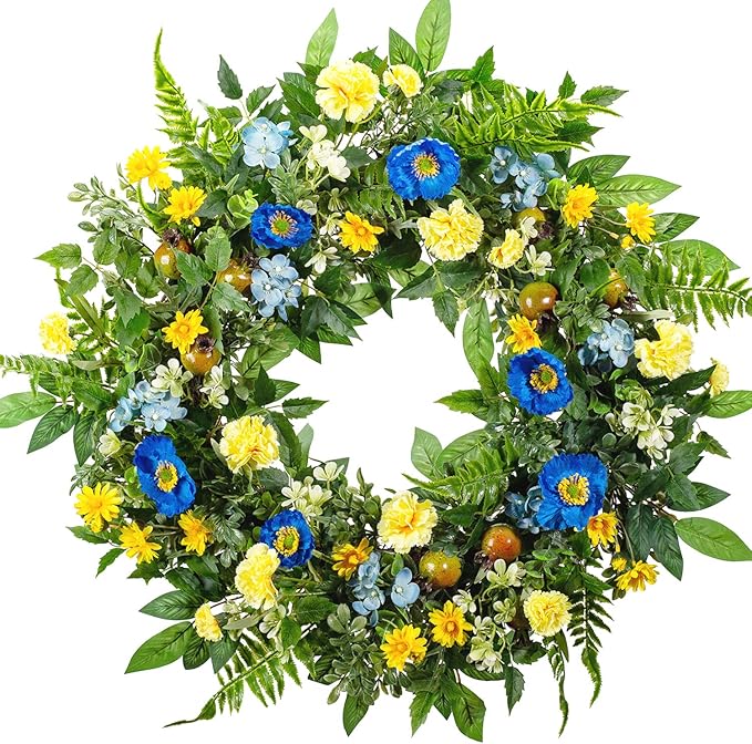 WANNA-CUL 24 Inch Spring Summer Carnation Wreaths for Front Door, Spring Front Door Wreath with Blue &Yellow Flowers Door Wreath with Pomegranates,Daisy for Wedding