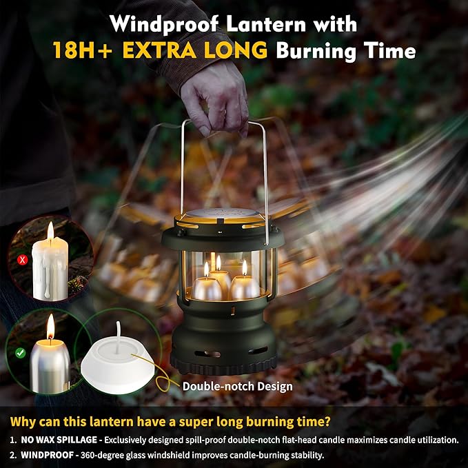 3-Wick Emergency Candle Lantern for Power Outages [18H+ Burning Time] Vintage Decorative Candle Lantern for Real Candles, Outdoor Portable Camping Survival Lighting [7.1"*5.7" - Forest Green]