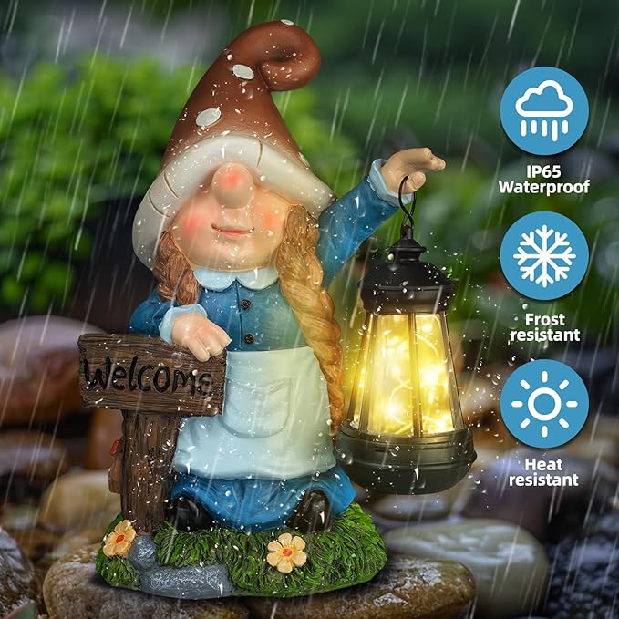 Solar Large Gnome Garden Statue with Welcome Sign Outdoor Decor with LED Lantern Funy for Porch Yard Patio Lawn Ornament Christmas Housewarming Gardening Gift
