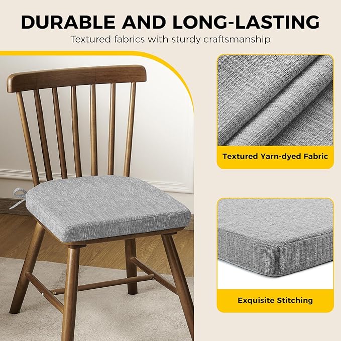 downluxe Indoor Chair Cushions for Dining Chairs, Soft and Comfortable Textured Foam Kitchen Chair Pads with Ties and Non-Slip Backing, 16" x 16" x 2", Light Grey, 2 Pack