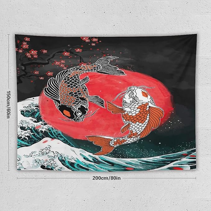 Houselerax Koi Fish Tapestries,Japanese Style Yin Yang Big Wave Cherry Blossoms Tapestry Wall Hanging for Bedroom Living Room Office Decor 80"x60"