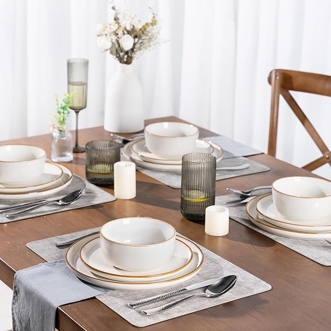 GBHOME Ceramic Dinnerware Sets for 8, 24 Pieces Stoneware Plates and Bowls Sets, Scratch Resistant Dishes, Dishwasher & Microwave Safe, Reactive Glaze-Pearl White