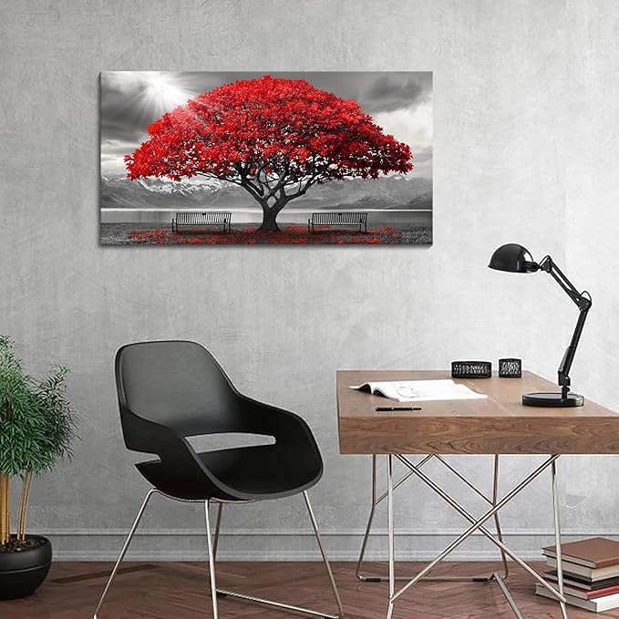 AJAZIKO Red Wall Art - Modern Framed Wall Art for Living Room - Red Tree Black and White Landscape Canvas Prints Posters & Prints for Home Office Bedroom Decorations - Large Wall Pictures 20×40IN