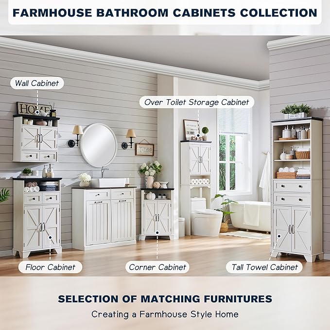 Corner Bathroom Cabinet, Farmhouse Small Corner Cabinet with Barn Door & Adjustable Shelf, Storage Cabinets for Bathroom, Kitchen, Living Room, Off White