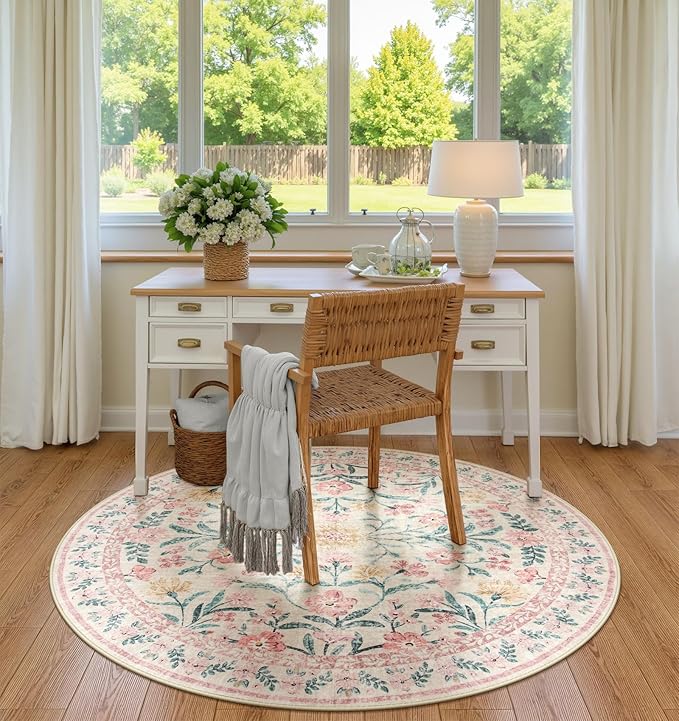 Wonnitar Pink Floral Round Rugs 5ft, Soft Circle Rug Non Slip Washable Round Carpet, Boho Non-Shedding Flower Distressed Circle Carpets for Bedroom Girls Room Nursery
