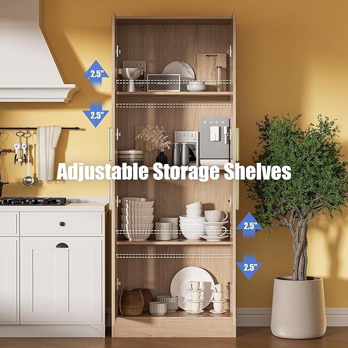 71" Tall Pantry Cabinet with 4 Doors, Kitchen Pantry Storage Cabinet, Freestanding Larder Cupboard, Utility Kitchen Hutch with Gold Handles for Dining Room, Bathroom, Oak