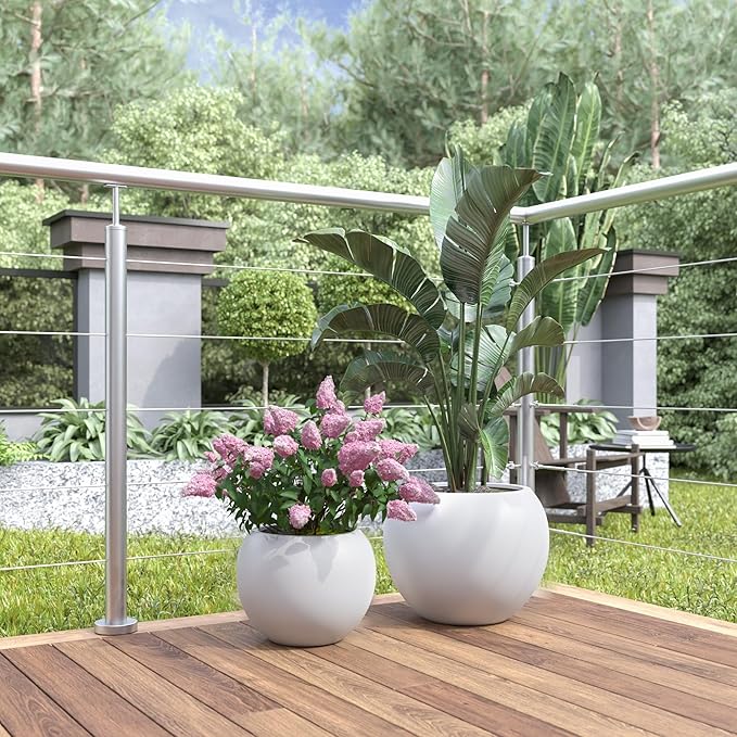 DTY Signature Mount Sherman Lightweight Durable Modern Fiberstone Sphere Planter for Indoor & Outdoor Drainage Hole & Rubber Plug Weather Resistant, 13.5" H x 17" Dia, 12" Opening - Medium, White