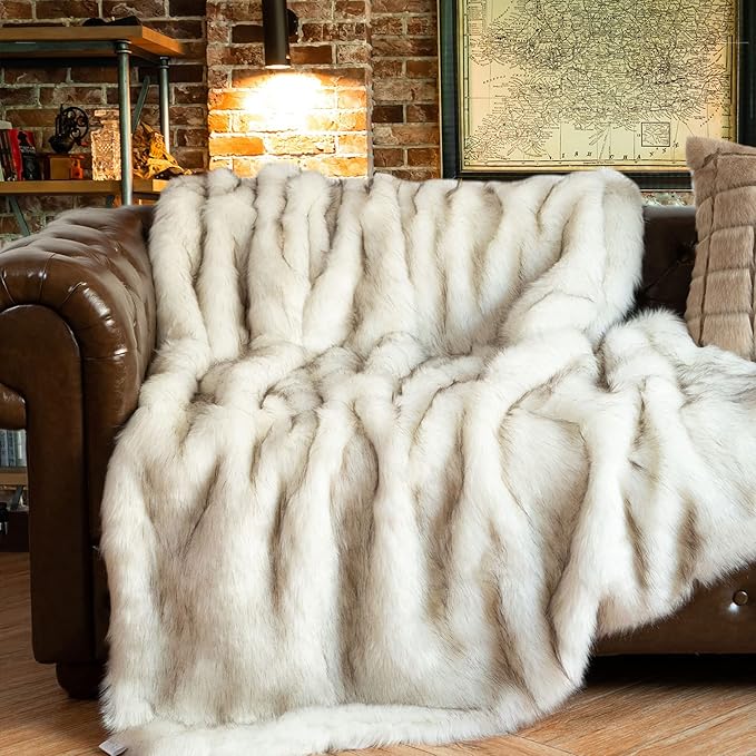BATTILO HOME Luxury White Faux Fur Throw Blanket Long Pile with Black Tips, 51"x67", Super Warm Thick Faux Fur Blanket for Couch, Bed, Fuzzy Fluffy Elegant Cozy Blanket