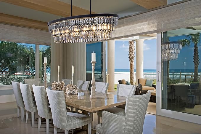TOCHIC Chandelier for Dining Room 40 inch, Modern Crystal Chandelier for Living Room, Black Kitchen Chandelier Island Lighting, Oval Contemporary Ceiling Light Fixture for Bedroom, Smoke Grey
