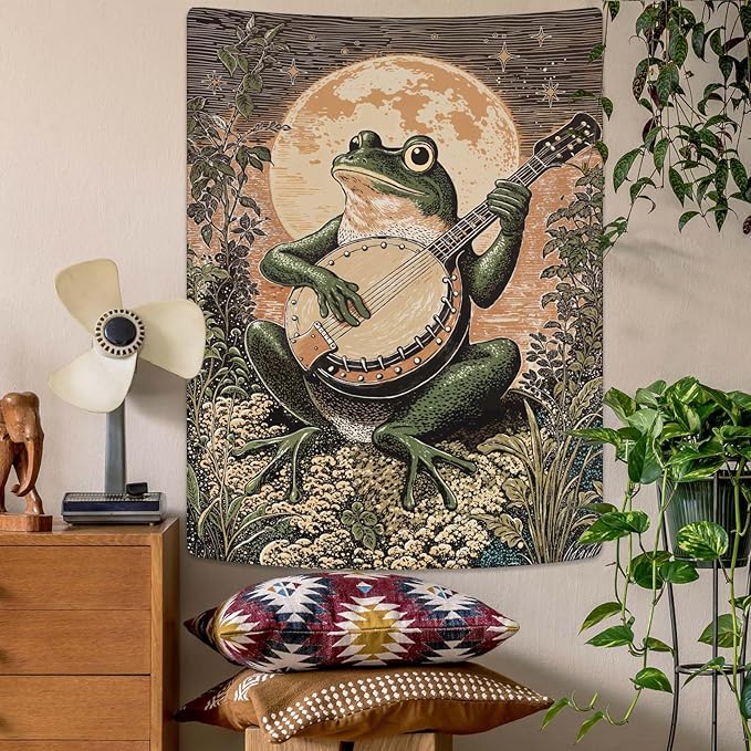 Lunerfex Moonlit Banjo Frog Wall Tapestry, Whimsical Amphibian Musician Tapestries for Room Decor, Folk Art Tapestry 60L x 80W