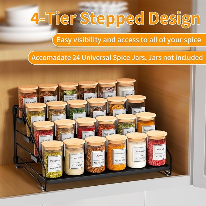 RCHYFEED Spice Rack Organizer for Cabinet Pantry,4 Tier Spice Rack Countertop, Depth Adjustable Spice Organization for Cabinet,Tierd Seasoning Organizer for Cabinet(Black, 1Pack)