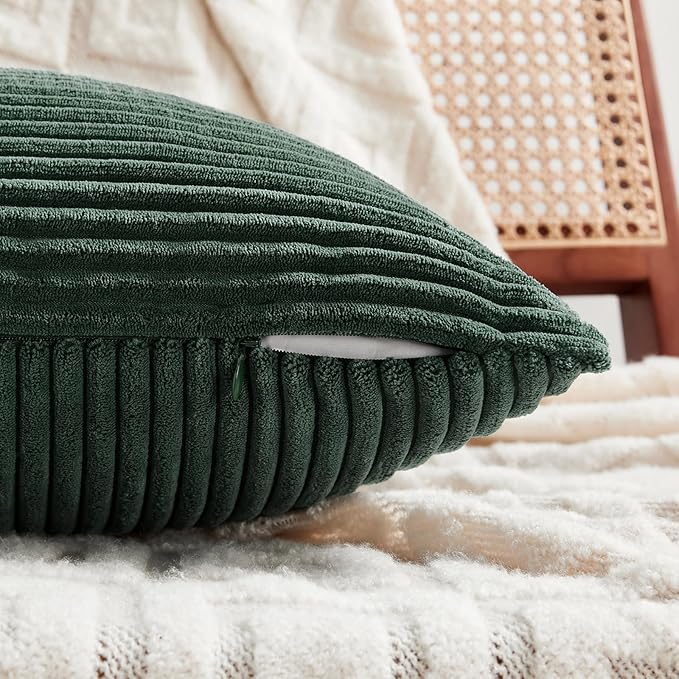 Fancy Homi Set of 2 Dark Green Decorative Throw Pillow Covers 16x16 Inch for Living Room Couch Bed, Boho Farmhouse Forest Green Home Decor, Soft Corss Corduroy Patchwork Textured Cushion Case