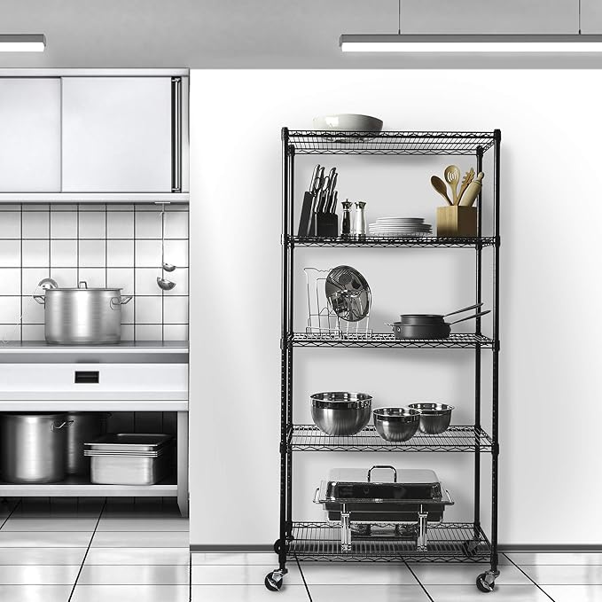 Seville Classics UltraDurable Heavy Duty NSF Solid Steel Wire Rack Storage Unit, Organizer for Garage, Warehouse, Office, Restaurant, Classroom, Kitchen, Black, 5-Tier Shelving, 36" W x 18" D