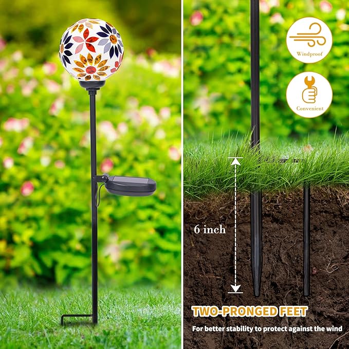 Afirst Solar Lights Outdoor Decorative - Solar Gazing Ball Mosaic Garden Stakes Flower Decorative Lights Waterproof for Pathway Yard Lawn Decoration Orange