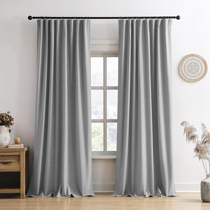 RAIN CITY Long Blackout Curtains 132 Inch Long 2 Panels Grey, Back Tab Pleated Look Drapes for Track System with Hooks, Noise Reducing Spring Blackout Winodw Curtains for Living Room 50x132