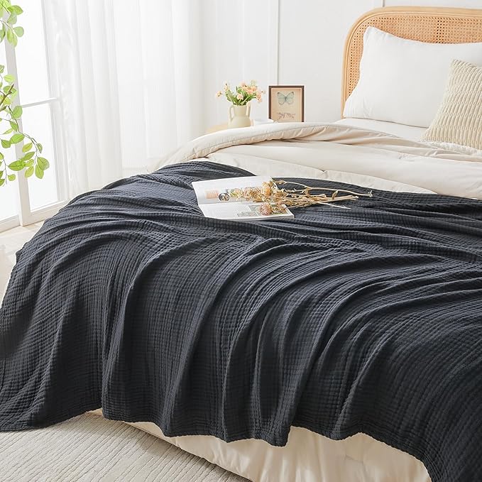 EMME Cotton Muslin Twin Blanket Breathable Gauze Blanket Soft Lightweight Blankets Adults Gifts for Women (Black, 60"x80")
