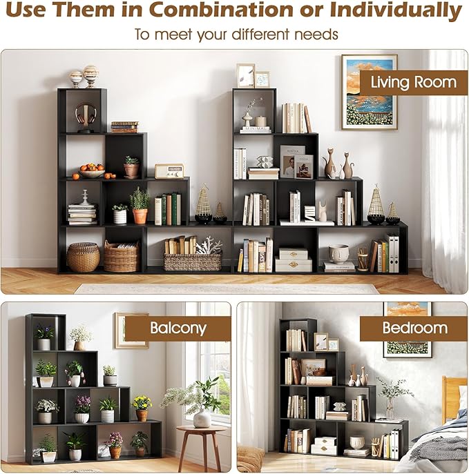 Tangkula 4-Tier Stepped Bookshelf, Freestanding 6 Cubes Ladder Bookcase with Anti-Tipping Kits, 64" Tall Modern Wooden Storage Display Rack for Home Office Living Room Study (2, Black)