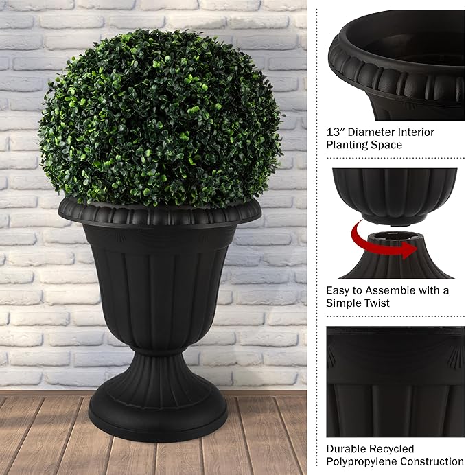 Pure Garden Outdoor Planter 2-Pack - 16x18-Inch Urn Planters - Plastic Plant Pots for Indoor, Outdoor, or Front Porch Decor - Flower Pots (Black)