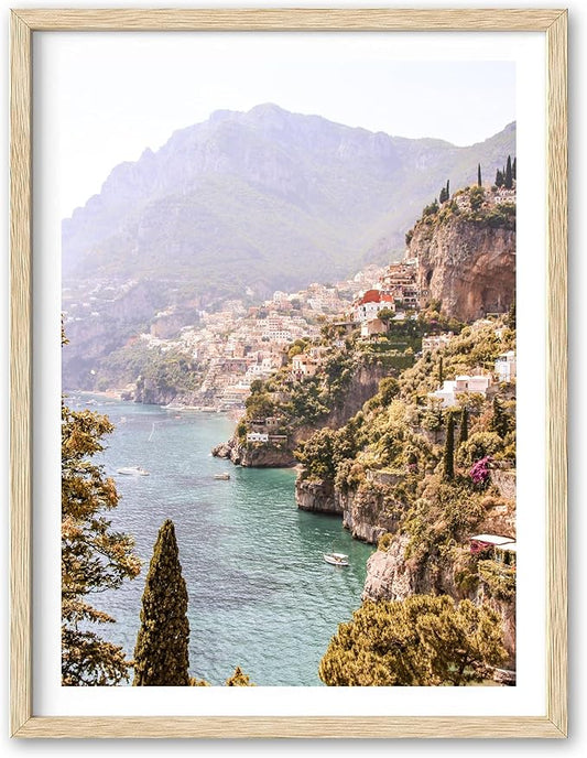 HesenDot Natural OAK Wood Framed Italy Coastal Wall Art,12x16in Amalfi Coast Canvas Wall Print,Positano Seascape Boho Poster Wall Decor for Living Room,Bedroom,Office Gallery Set of 1