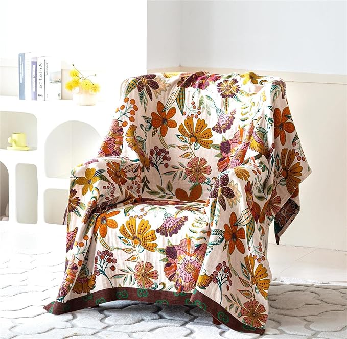 Summer Throw Blanket for Couch Bed Chair, 100% Cotton Muslin Breathable Woven Throws 60''x 80'' Boho Vintage Quilt for All Seasons Warm Lightweight Farmhouse Blankets Home Decoration
