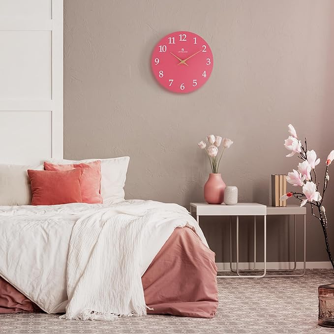Lafocuse 12 Inch Silent Pink Wall Clock Battery Operated for Living Room Decor, Simple Minimalist Wooden Kids Pink Clock for Girls Bedroom Office