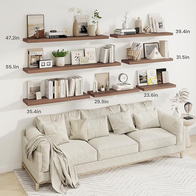 Fun Memories 24 Inch Floating Shelves for Wall, 9 Inch Deep Walnut Rustic Wood Wall Mounted Shelves for Bathroom, Kitchen, Living Room, Set of 2