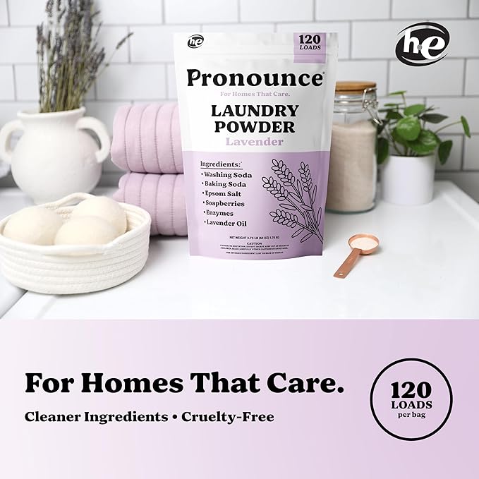 Pronounce Laundry Detergent Powder Alternative | Earth-Derived Ingredients, Eco-Friendly, Safer for Sensitive Skin, Eczema, and Babies. Stain + Smell Fighting. HE Safe (Lavender, 120 Loads).