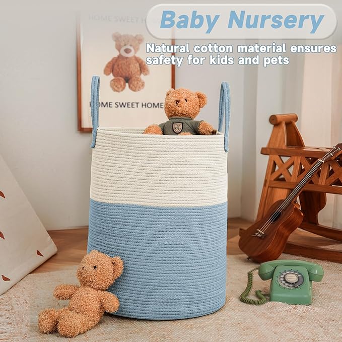 Large Woven Laundry Basket Hamper,100L Cotton Rope Storage Bin for Blankets,Toys and Clothes,Decorative Tall Nursery Hamper for Living Room,Baby Nursery,Bathroom and Bedroom,White and Blue
