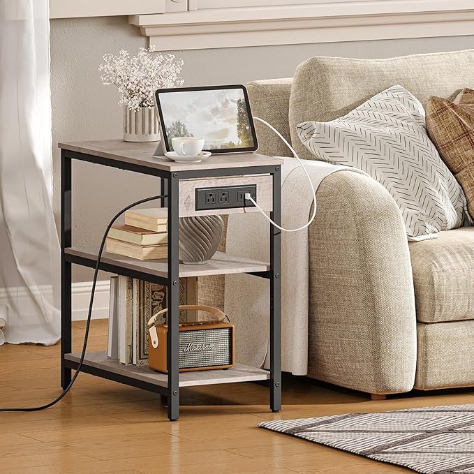 HOOBRO End Table with Charging Station, Simple Rustic Side Table with 3-Tier Storage Shelf, Narrow Nightstand for Small Spaces, for Living Room, Industrial Design, Greige and Black BG149UBZ01