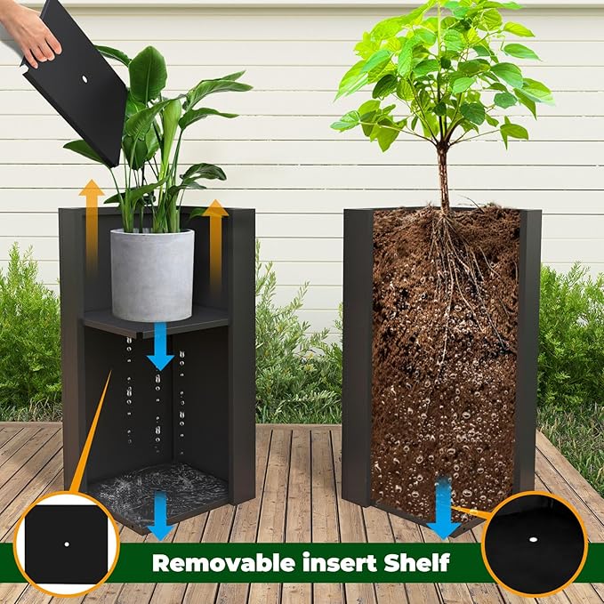 Galvanized Steel Metallic Heavy Planter for Outdoor Plants Metal Planters Box 14"x14"x30" Spliced Flower Planter with Partitions for Outside,Indoor,Garden (Black, 14 * 14 * 30)