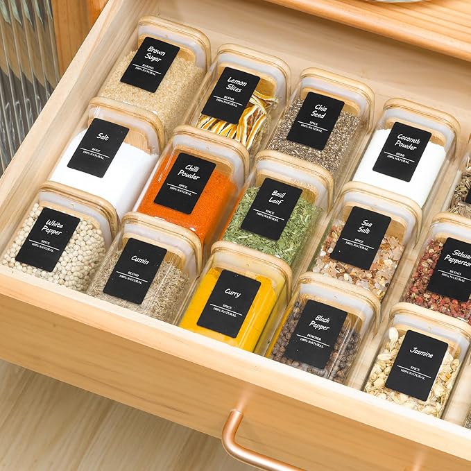 ComSaf 16Pcs Glass Spice Jars with Bamboo Lid, 6oz Airtight Square Containers with 275 Black Lables, Empty Seasoning Jars for Salt Sugar