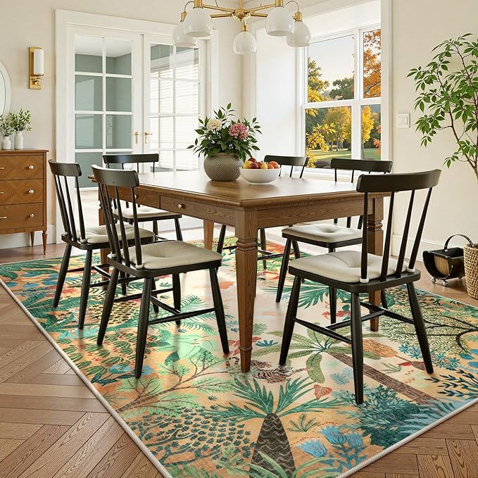 LIVEBOX Washable Jungle Animal Print 6 x 9 Area Rug for Dining Room, Non-Skid Yellow Kids Carpet Playmat Rug for Play Room, Soft Nursery Rugs for Girl Dorm, Kids Rugs for Bedroom Boys