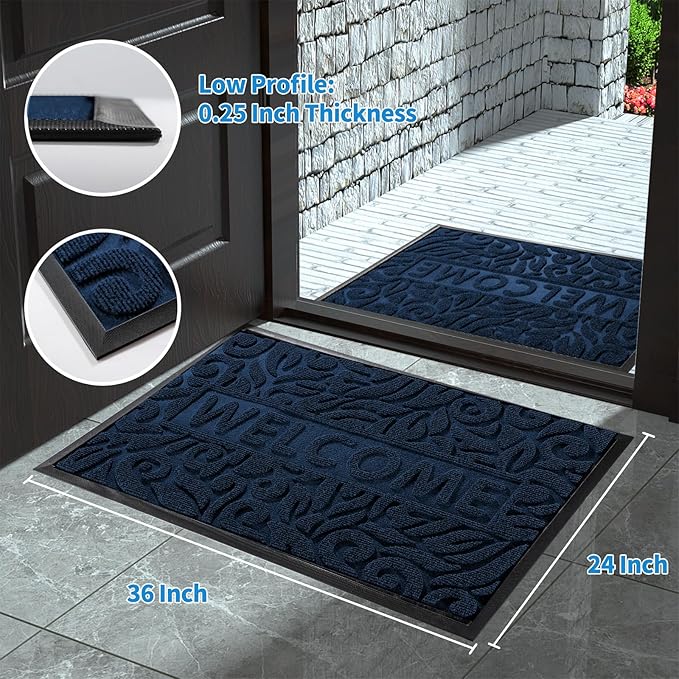 Yimobra Welcome Mat Outdoor, 36x24 Waterproof Door Mat Outside Entrance, All-Weather Non Slip Front Door Mat, Low-Profile Entryway Mat Indoor, Porch and Patio, Blue