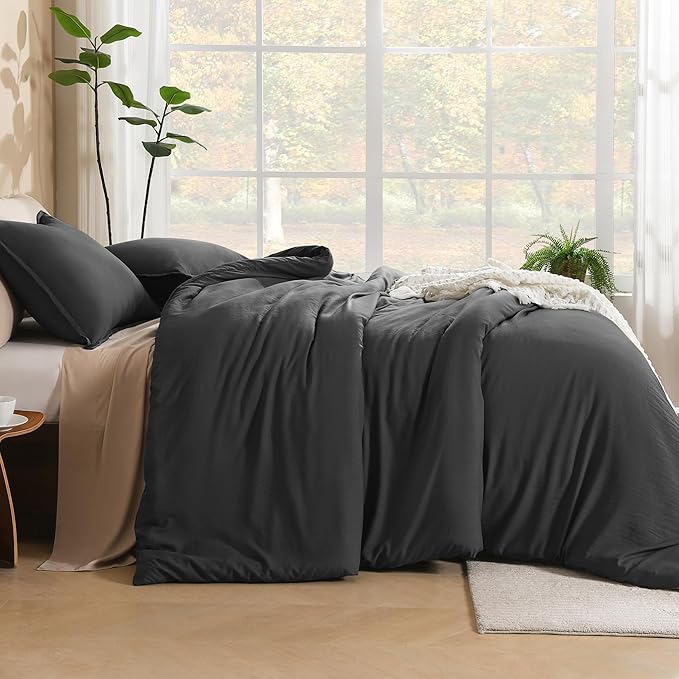 Litanika Dark Grey Oversized King Comforters Super King Plus Size, 3 Pieces Lightweight Solid Bedding Comforter Set, All Season Fluffy Bed Set (128x120In Comforter & 2 Pillowcases)