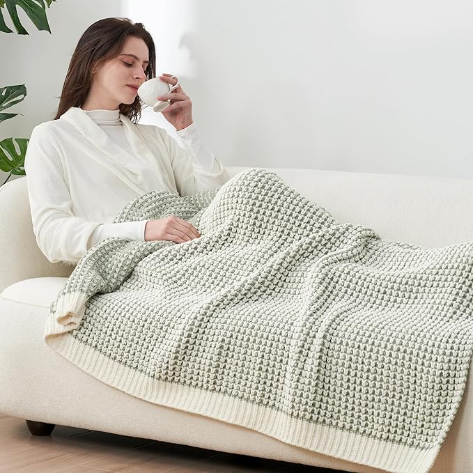 Amélie Home Chenille Waffle Throw Blanket for Couch, Reversible Pineapple Stitch Knit Soft Cozy Knit Blanket Lightweight Warm Decorative Throw for Sofa, Bed, Living Room, 60 * 80", Sage Green&Ivory