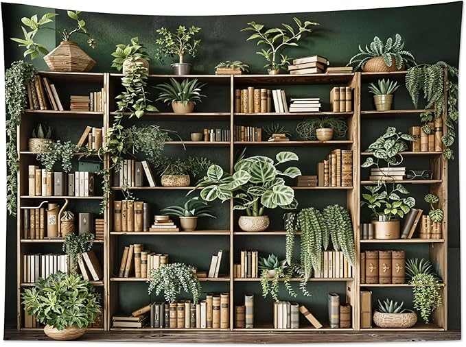 HVEST Green Plant Bookshelf Tapestry Book on Bookshelf and Plant Potted Tapestry Wall Hanging Reading Wall Decor for Study Room Bedroom Living Room College Dorm, 60L x 80W Inches