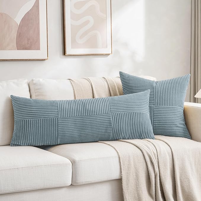 Fancy Homi Set of 2 Light Blue Decorative Throw Pillow Covers 16x16 Inch for Living Room Couch Bed, Rustic Farmhouse Boho Home Decor, Soft Striped Corduroy Textured Square Cushion Case 40x40 cm