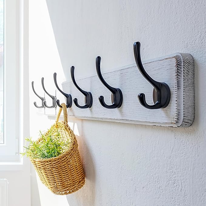 Dseap Wall Mounted Coat Rack: 24" Long, Patented, Heavy-Duty, 6-Double-Hooks Wooden Hanger Rail for Winter Coats, Hat, Jacket, Clothing - White & Black, Pack of 2