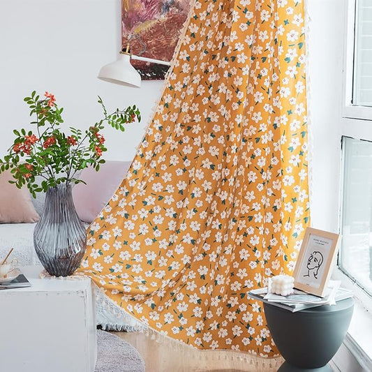 Sutuo Home Boho Curtain Semi-Blackout Yellow Florals Print Cotton Linen Fabric, Handmade Tassels Rod Pocket Bohemian Farmhouse Country Window Drapes for Living Bedroom, 59" W x 84" L, 1 Panel
