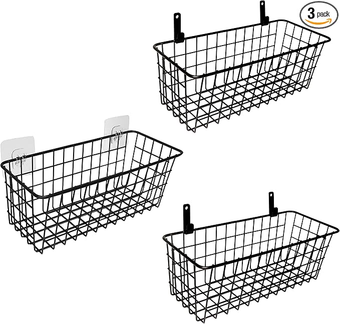 Joben Oligey 3 Set Hanging Wire Baskets ,Wall Mount Fruit Basket,No Drilling,Adhesive Small Metal Basket,Farmhouse Food Storage Mesh Bin Kitchen Pantry Laundry Bathroom Closet Garage RV ,Black