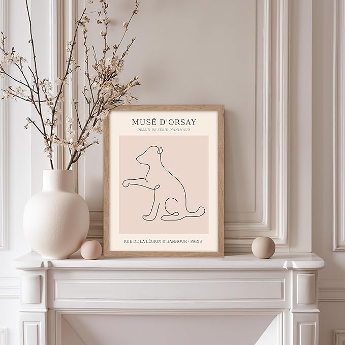 Poster Master Vintage Poster - Retro One Line Dog Drawing Print - Dog Art - Minimal Gift for Men, Women, Animal Lover - Abstract Wall Decor for Home, Office, Bedroom, 8x10 Beige Framed