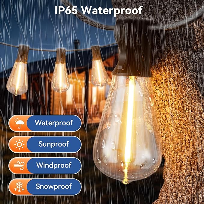 100 FT Outdoor String Lights for Outside, IP65 Waterproof ST38 LED Shatterproof Bulbs, Dimmable & Timable, 3 Light Modes, Hanging Patio Edison Lights for Porch Backyard Cafe Bistro