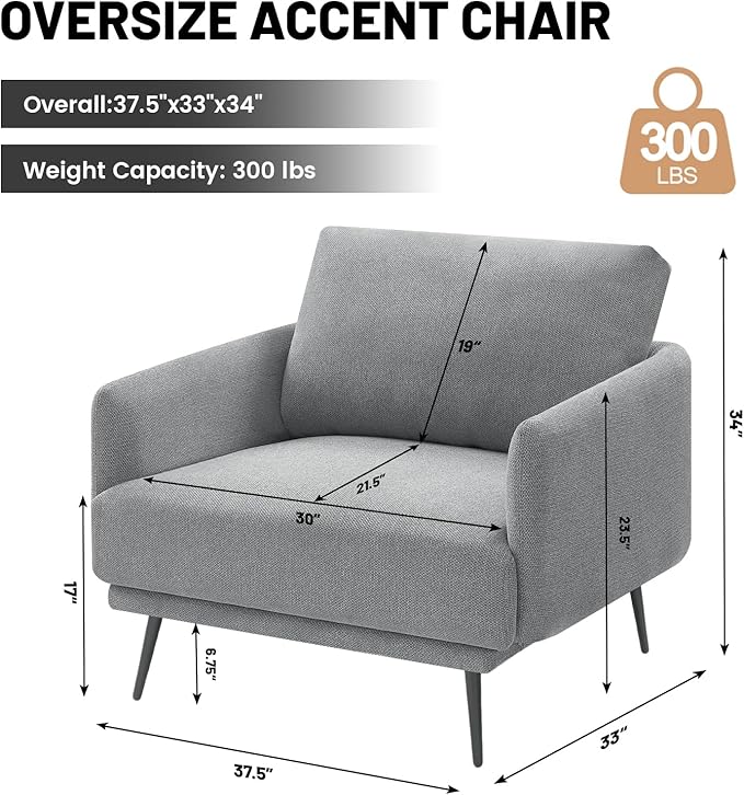 Oversized Accent Chair for Living Room Chairs Reading Arm Chair Comfy Modern Single Sofa Side Chairs with Metal Legs & Soft Cushion for Bedroom, Balcony,Waiting Room (Polyester, Grey)