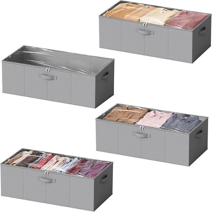 SpaceAid 4 Pack 10" High Under Bed Storage Containers, Large Underbed Storage Organizer Bins with Lids for Bedroom, Dorm, Clothes, Closet Organization, Bed Sheets and Blankets (Gray)